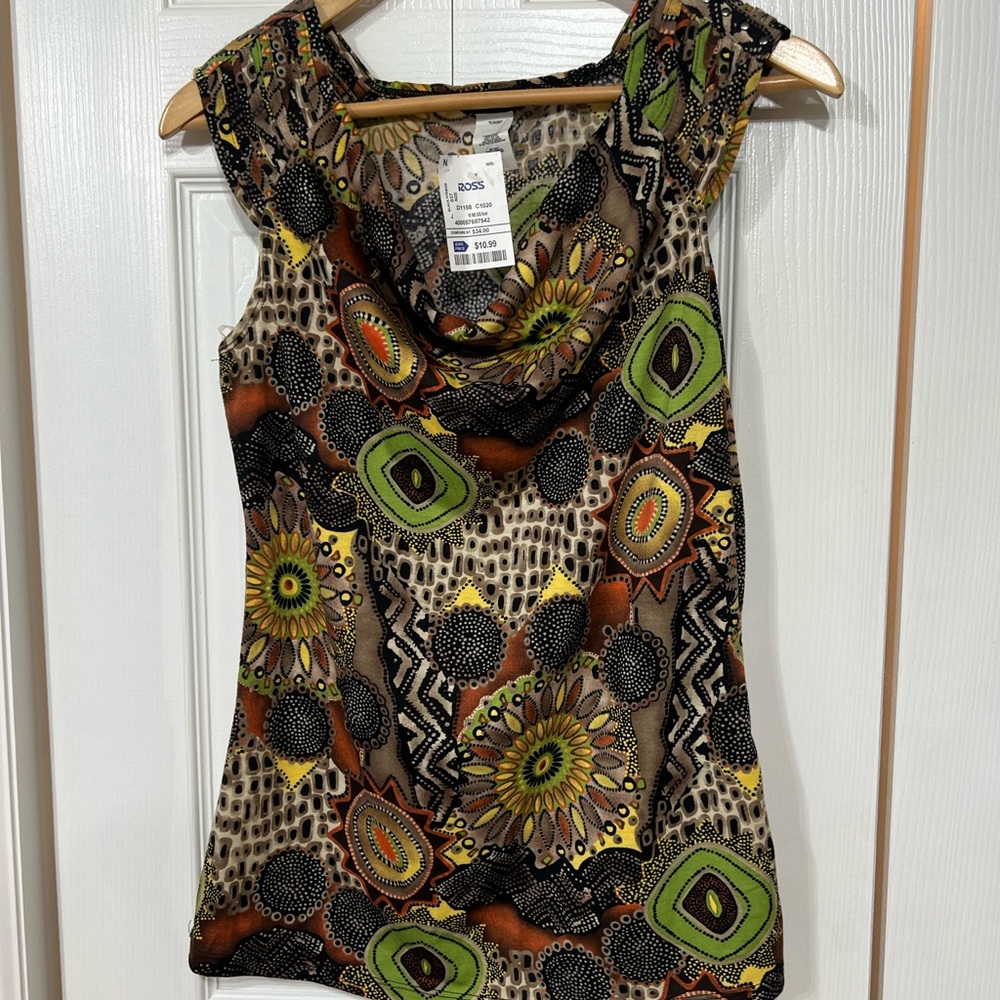 NWT Cocomo Green Multi Print Cowl Neck Sleeveless Tank  bold print boho